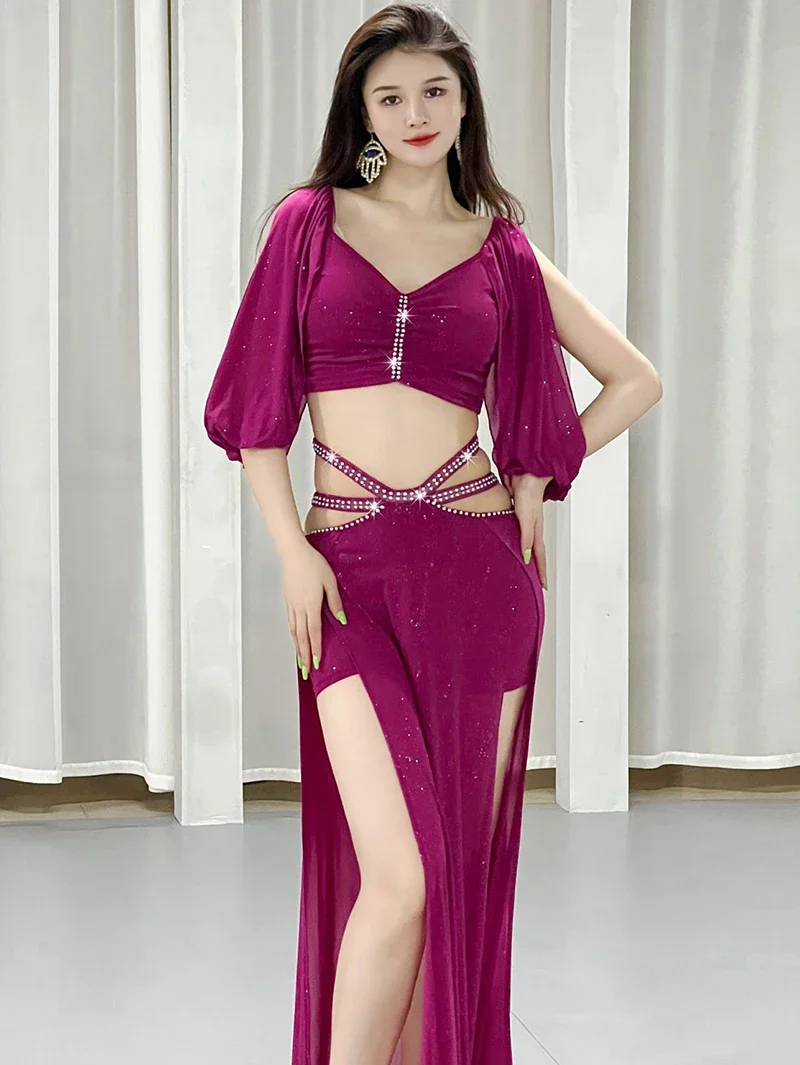 Adult Women Indian Original Belly Dance Clothing Beading Mesh Training Suit Gentle Slit Festival Outfit Dancewear Costume 5036