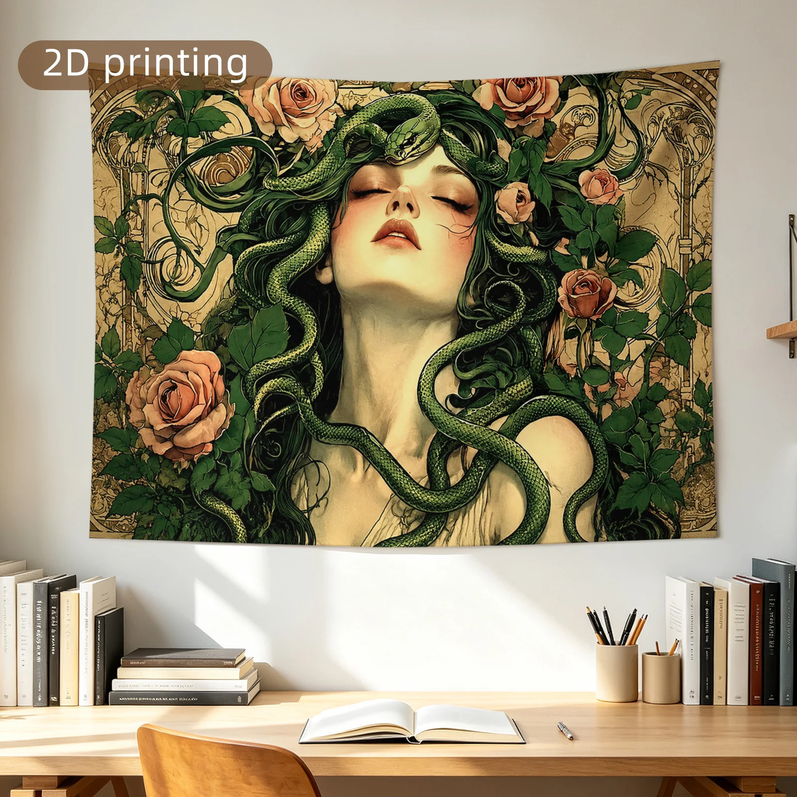 Luxury Vintage Renaissance Style Tapestry Wall Hanging Goddess Portrait with Snakes and Roses Baroque Floral Tapestry Home Decor