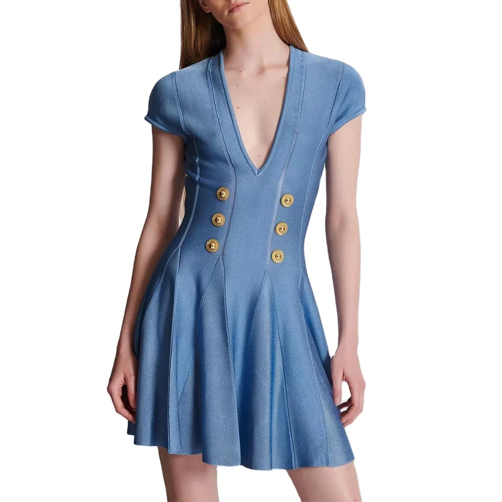 

Spring 2024 New Arrivals Knitted Dress Women Casual Short Sleeve Sweater Dress Casual Deep V Neck Knit Dresses