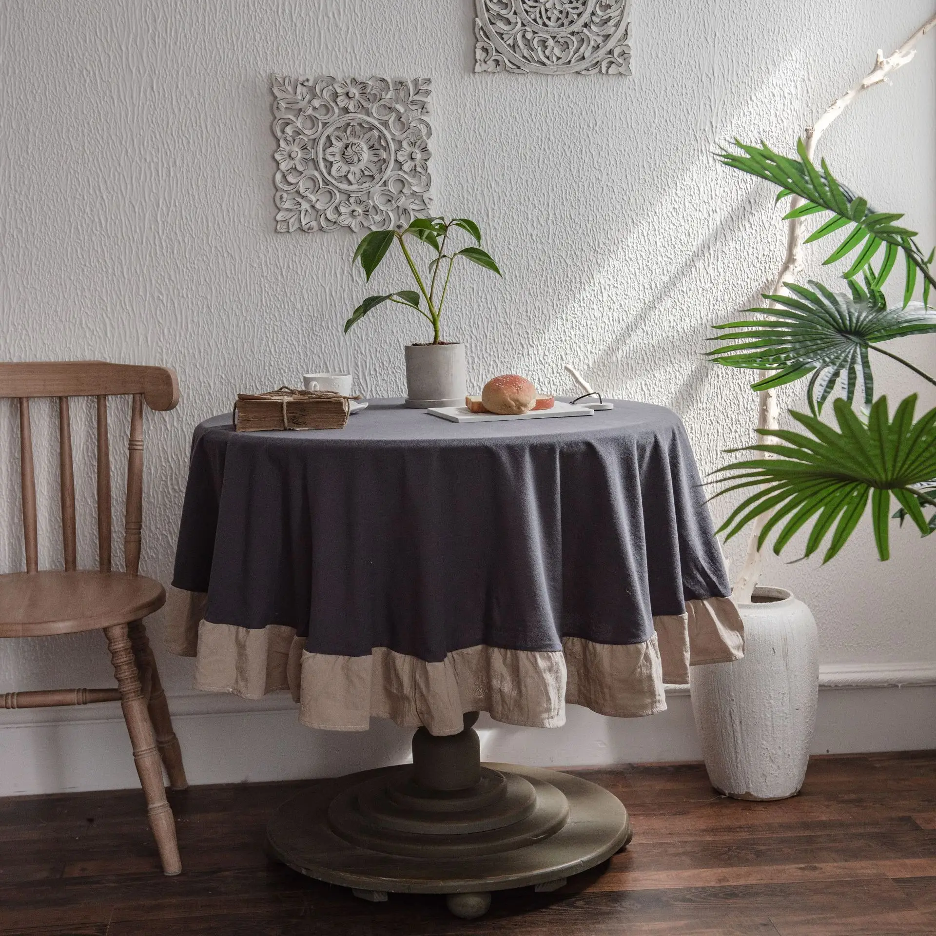 

Ruffled Grey Tablecloth Suitable For Round Table Table Towel Washed Cotton Household Table Dress-up Multifunctional Cover Towel