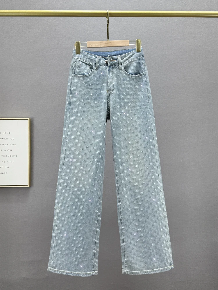 

High Waist Straight Leg Jeans Women's Trendy Spring New Heavy Du Extended Diamond Glue Slimming European Goods