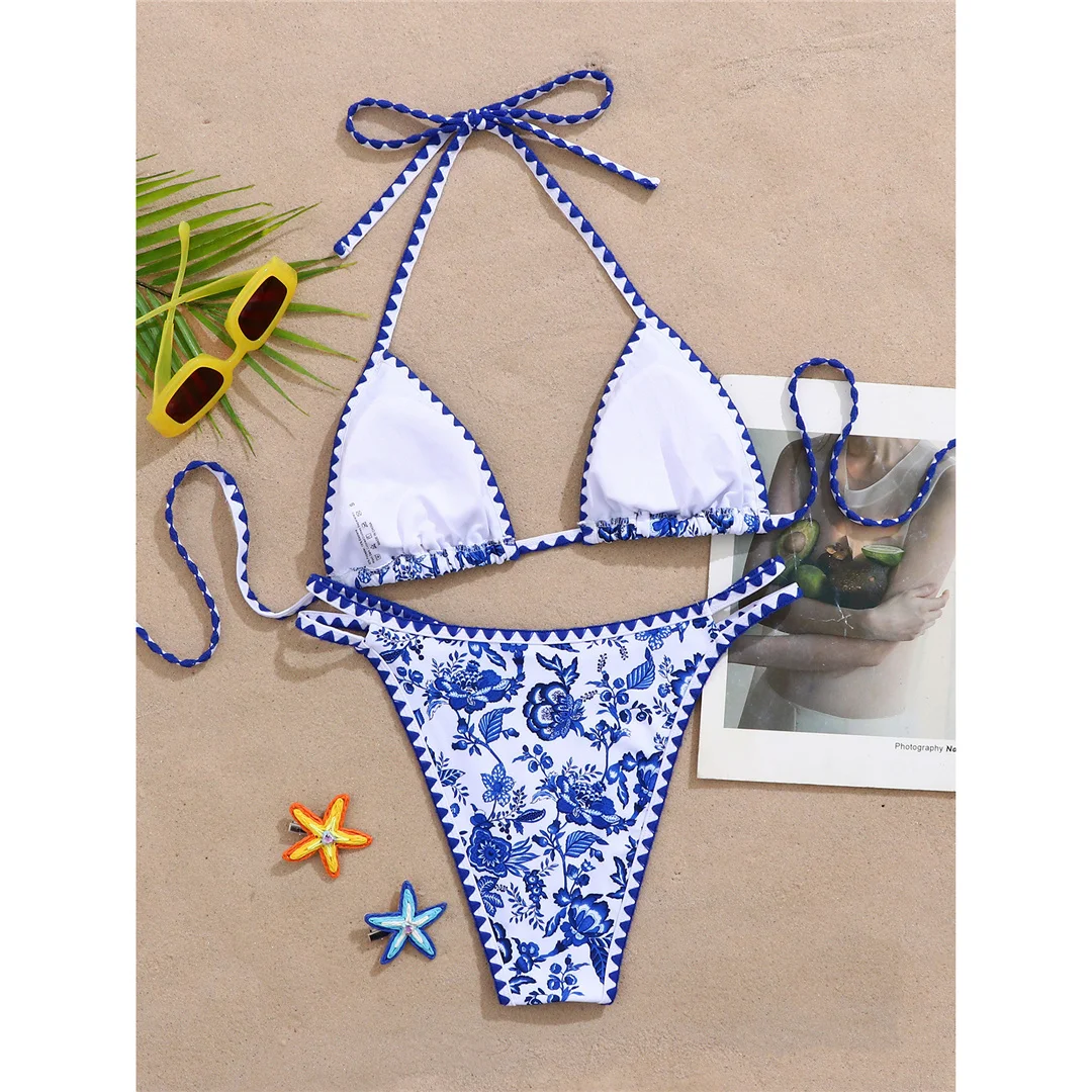 Sexy Blumenmuster Neckholder-Bikini Damen-Badeanzug Zweiteiliger Bikini-Set Brasilianischer Badeanzug Badebekleidung V8203 – Detail 5