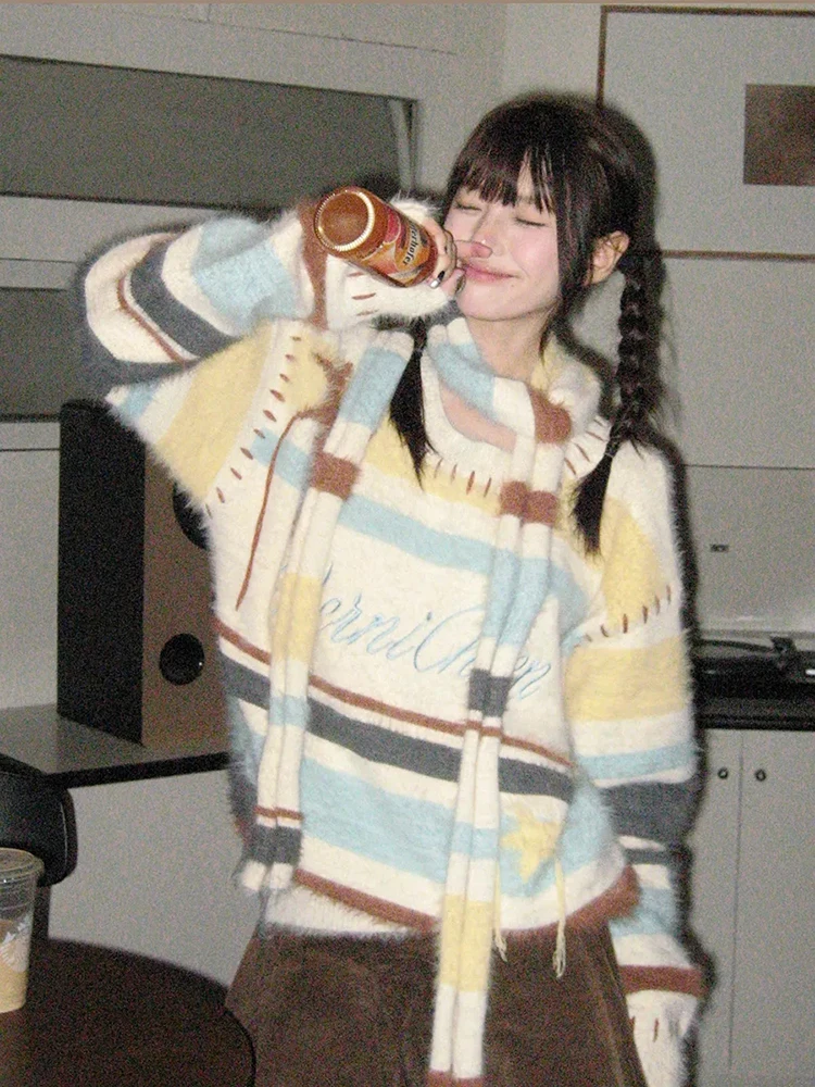 

Women Sweet Knit Sweater Japanese Streetwear Vintage Striped Scarf Loose Pullovers Patchwork Long Sleeve Fall Winter Jumpers New