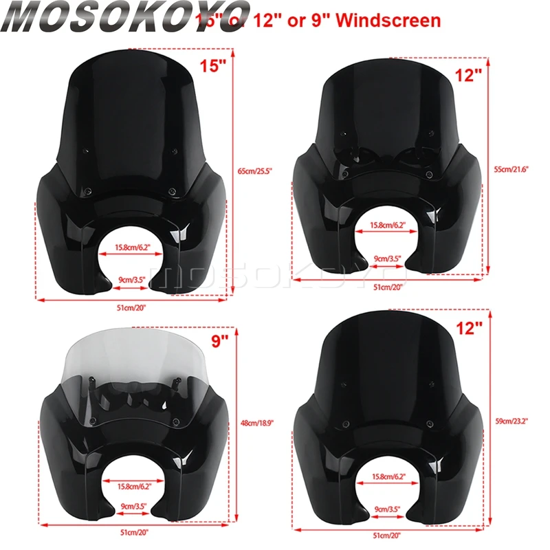 Motorcycle Club Style Headlight Fairing W/ Bracket For Baja Design LP6 Lights 15in Windshield For Harley Softail Softail Fat Bob view 5