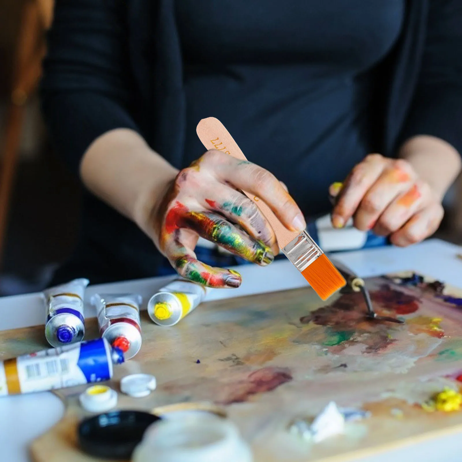 

50Pcs Oil Painting Brushes Flat Nylon Wooden Handle Durable Art Paint Brushes for Acrylic Watercolor Varnish Drawing