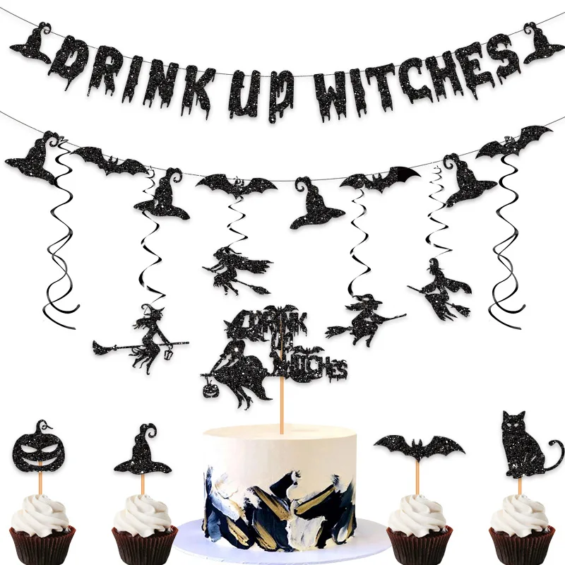 ハロウィンテーマデコレーション DRINK UP WITCHES プルフラッグ プルフラワーハット 魔女コウモリ スパイラルハンギングデコレーション