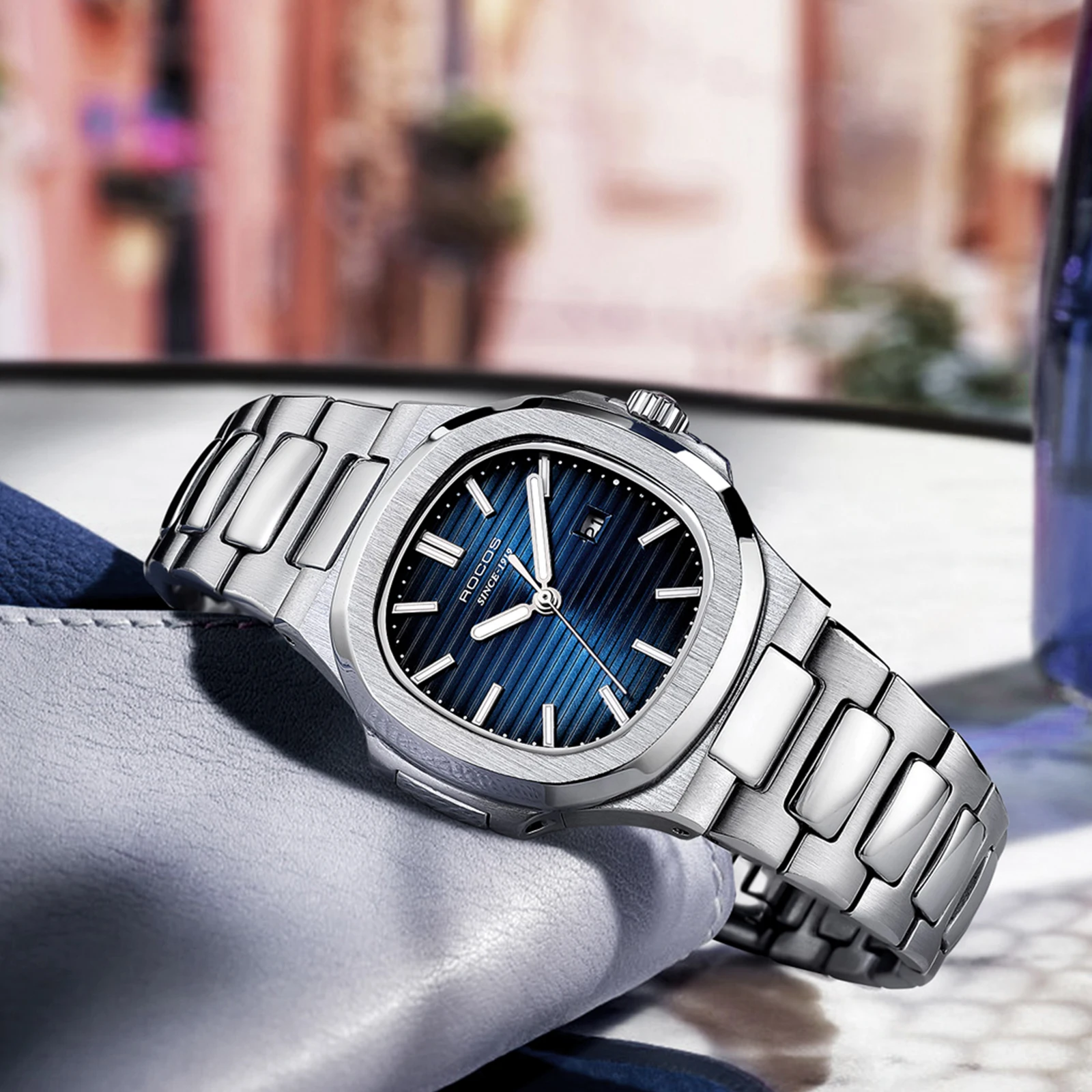 ROCOS Blue Dial Watch For Women With Date Display, Business and Casual Women's Watch, Stainless Steel Strap, Gift for Women
