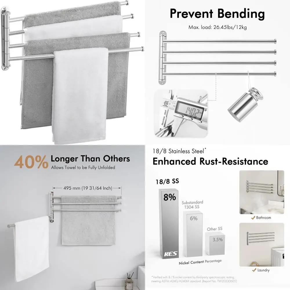 

Extra Long 4-Arm Swing Arm Towel Rack for Bathroom Wall, 19.5 Swing Out Design, Ideal for Hand Towel Storage and Organization