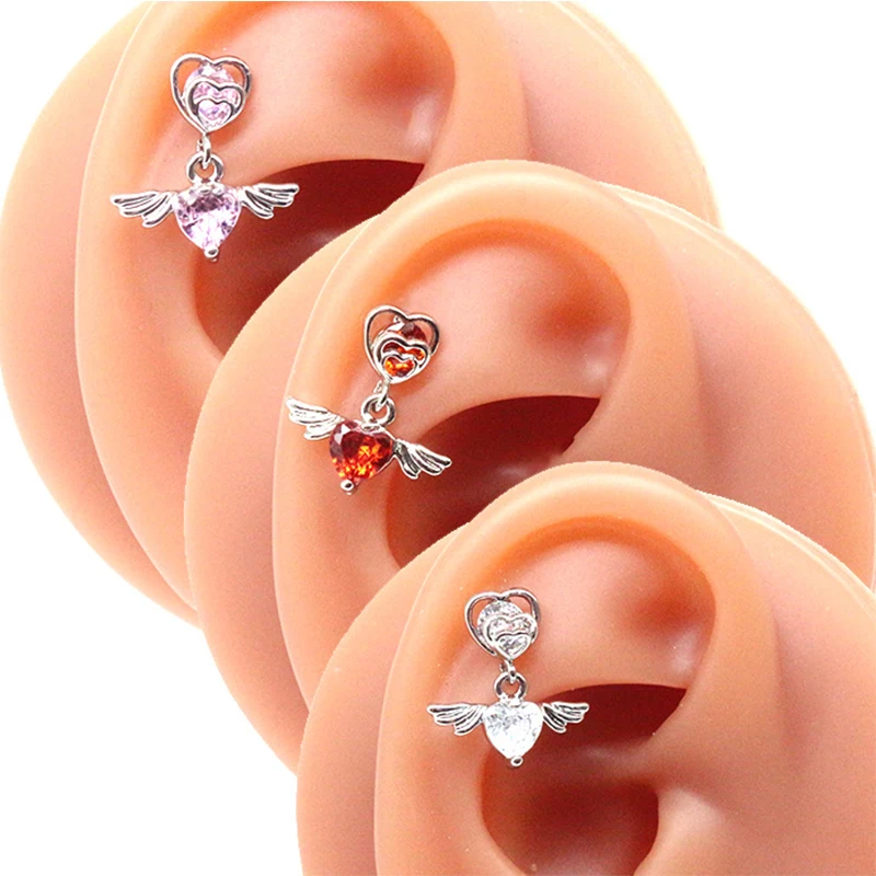 1Pc 1.2mm Elegant Pink CZ Zircon Angel Wings Heart Helix Piercing Daith Cartilage Earrings Tragus Piercing Body Lobe Earring For