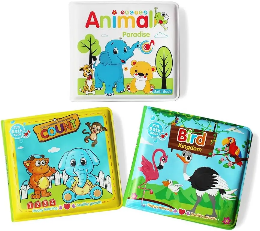 Books-3PCS de baño para bebés, juguetes de bañera flotantes, libros educativos impermeables para niños pequeños, libros de animales, libros de conteo, libro de pájaros