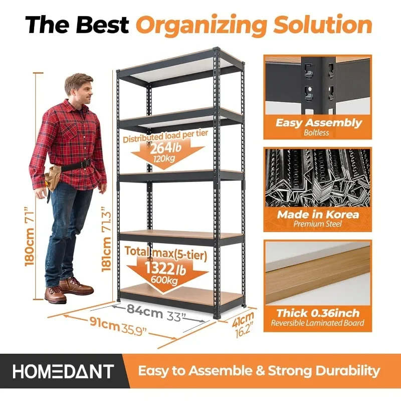 HOMEDANT 5 Tier Laminated Metal Shelving Unit Adjustable Garage Storage Utility Rack Heavy Duty Shelves Organization Shelf