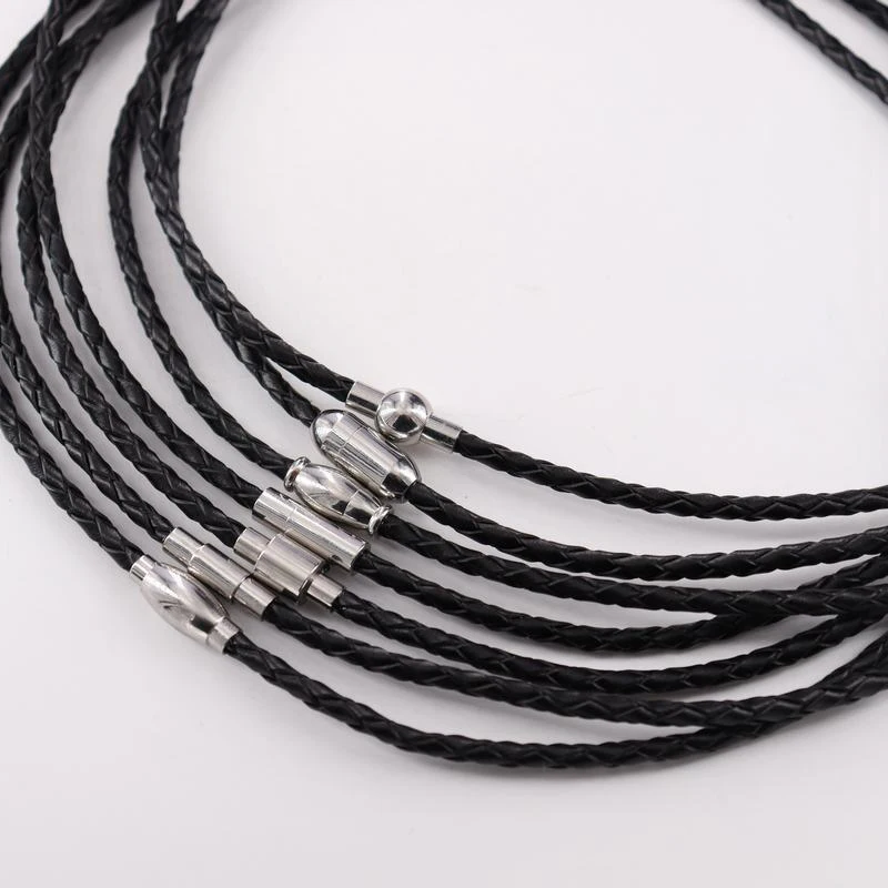 with Magnetism clasp 3mm black real leather weaving necklace DIY stainless steel  jewelry accessories  ZPP042A