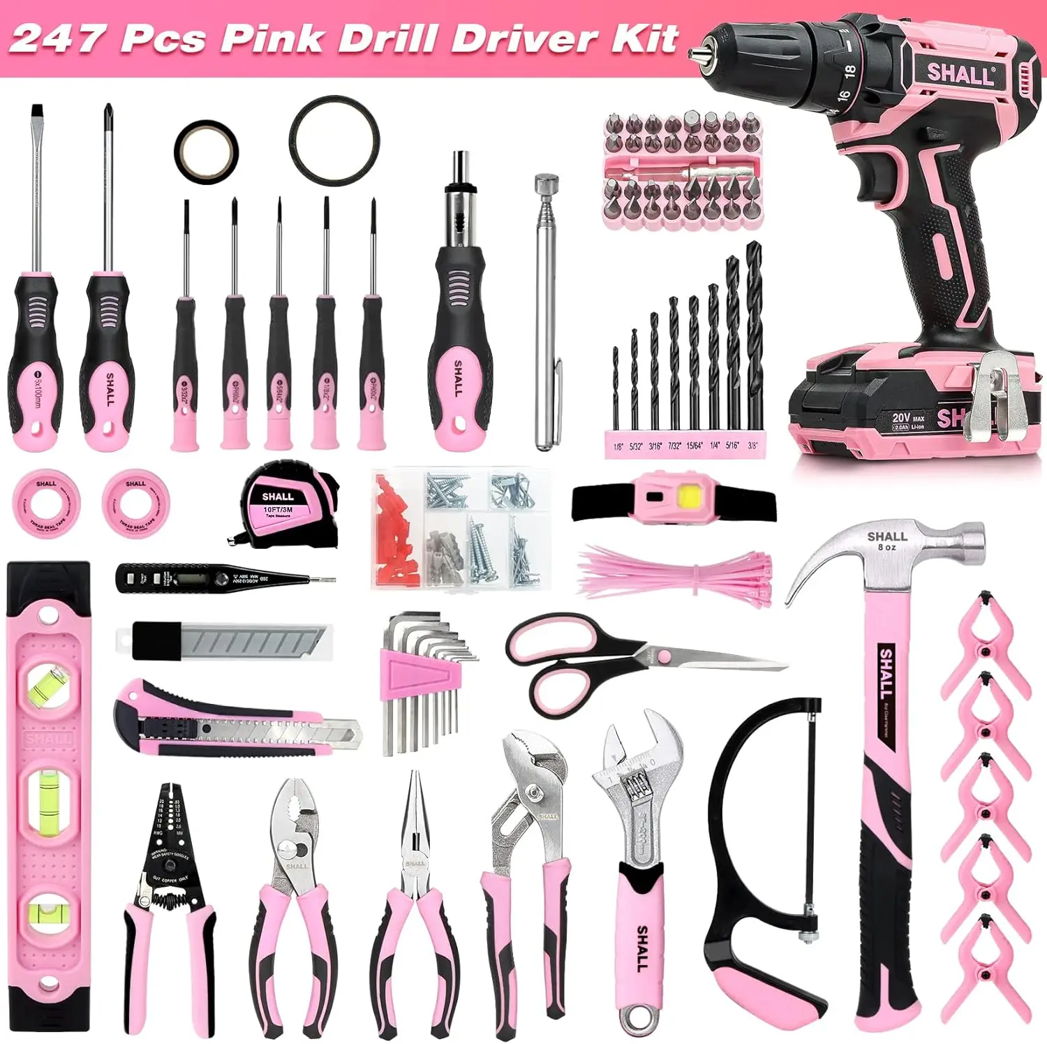 247Pcs 20V Cordless Drill Driver & Household Tool Kit for Women, Pink Electric Power Drill Screwdriver and Home Hand Tool