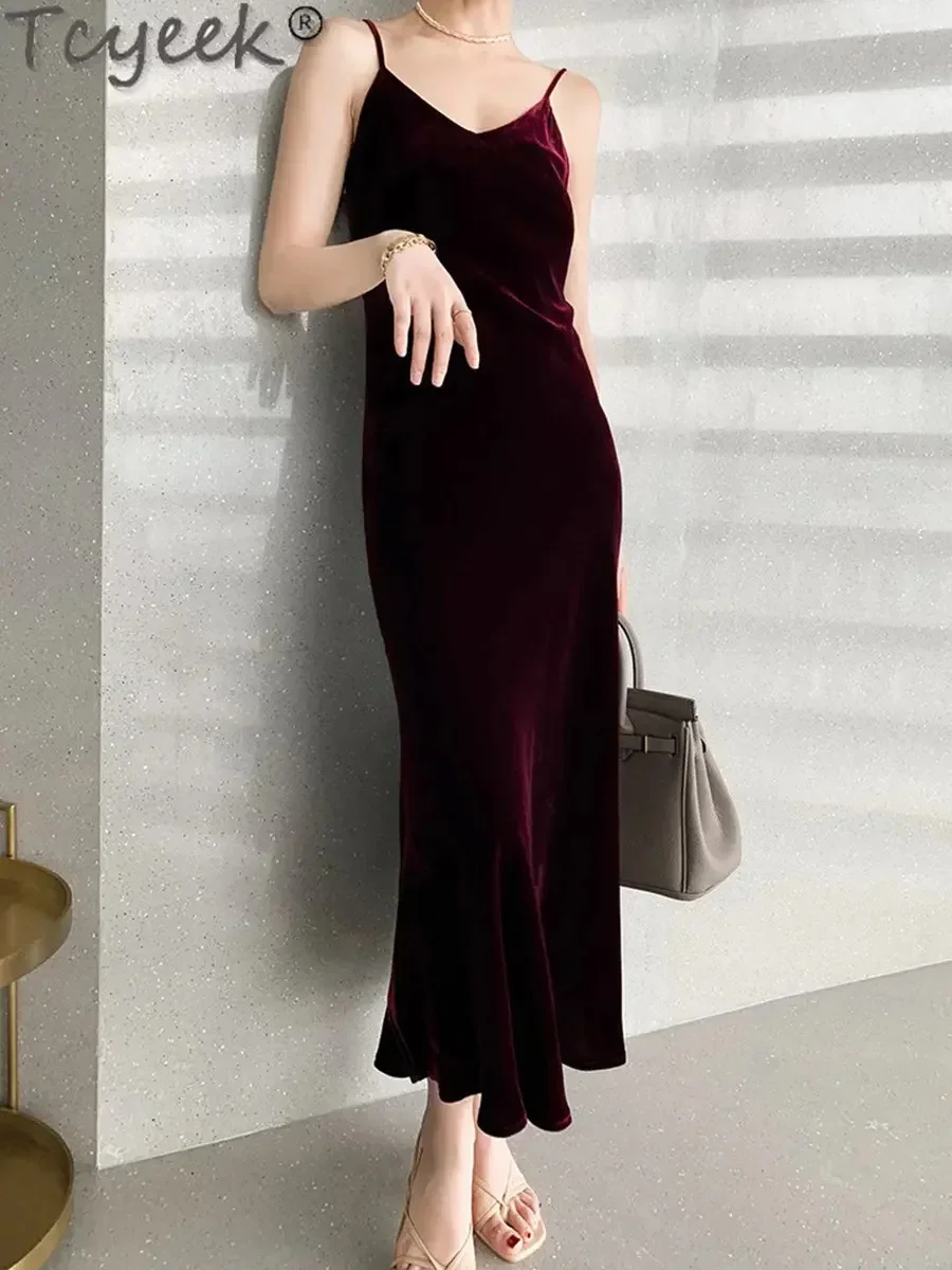 

High-end Tcyeek Velvet Sleeveless Mulberry Silk Korean Deep V-neck Sexy Maxi Dresses for Women Zm