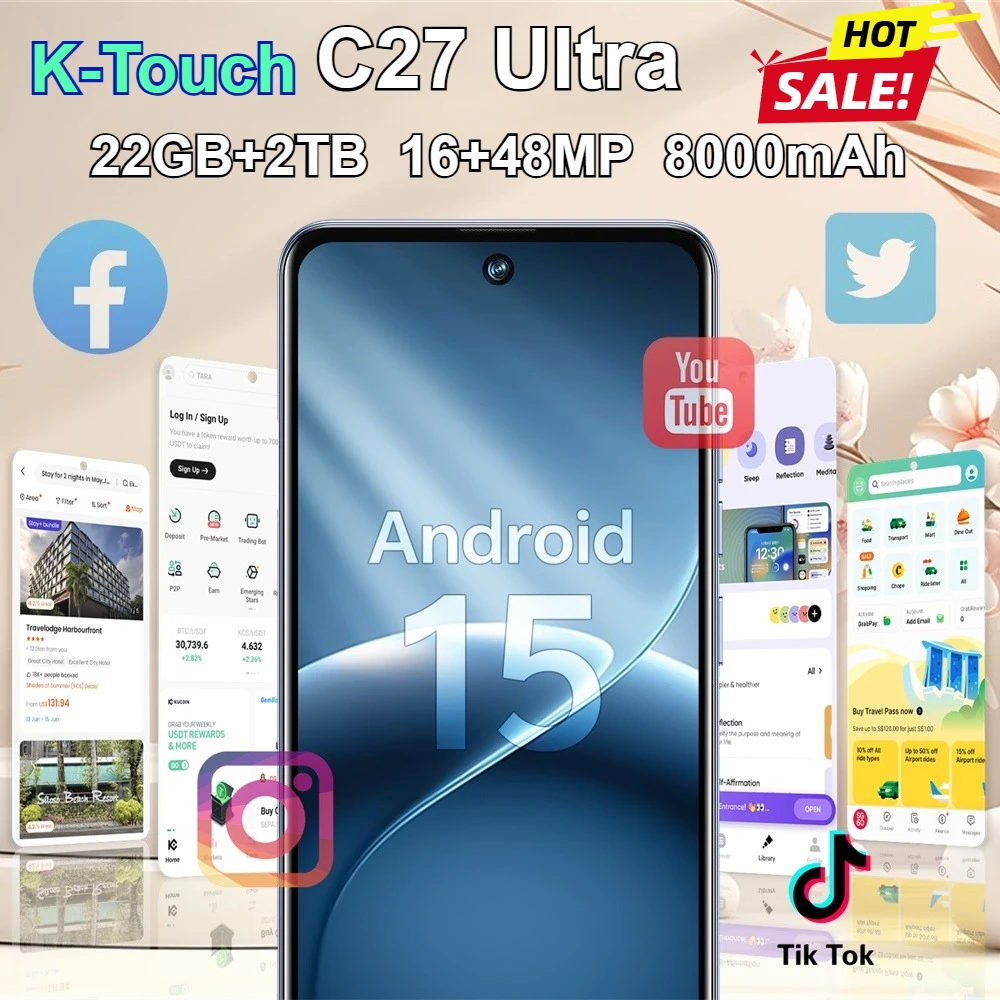Smartphone K-Touch C27 Ultra, batteria da 8000 mAh, telefoni cellulari Android 15, sblocco con Face ID, telefono cellulare 5G, doppia SIM, display completo da 7,3 pollici, 22 GB + 2 TB, fotocamere da