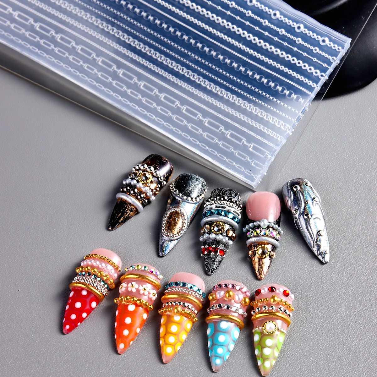 3D-Ketten-Silikon-Nagelform-Set, wiederverwendbare Nagelkunst-Schnitzschablone, doppelseitiger Stift, mehrere Kettenmuster, DIY-Schmuck-Deko – Detail 6