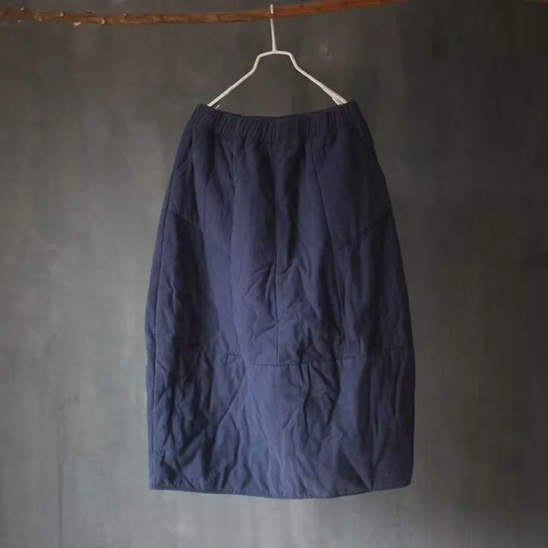 Vintag Amboss Cotton Midi Skirt Women Autumn Winter Thicken Linen Elastic Waist Straight Skirt Warm Loose Casual