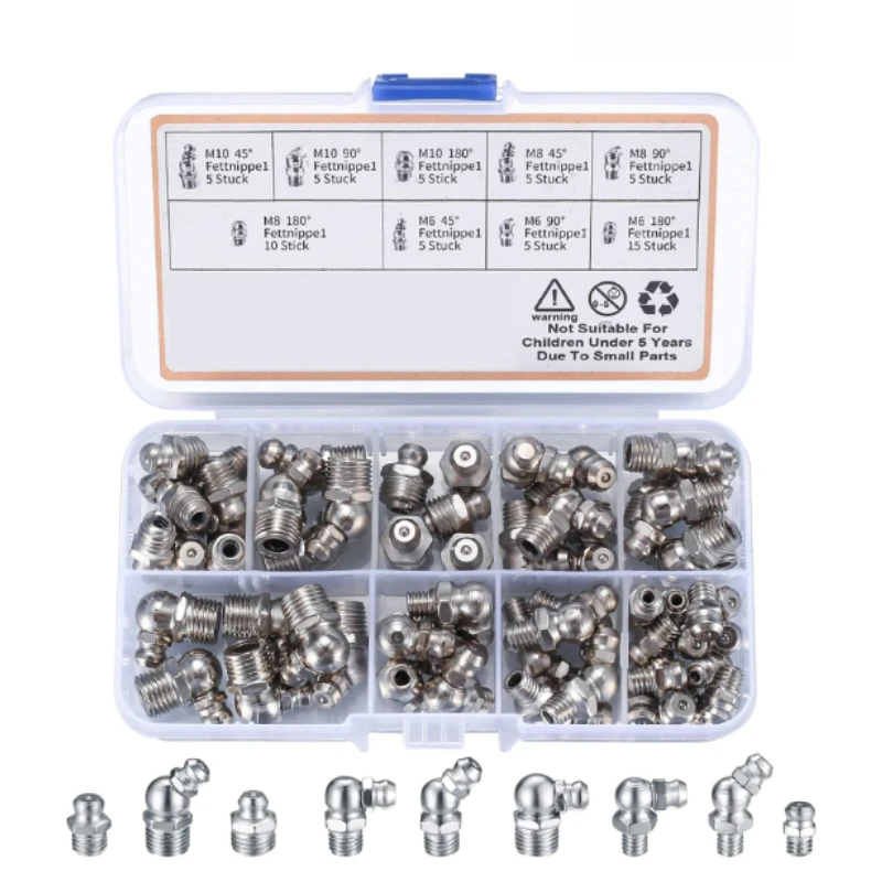 60pcs/box M6 M8 M10 Vehicle Nozzle Fuel Fitting Kit 9 Type Galvanized Metal Hydraulic Grease Zerk Assortment Set