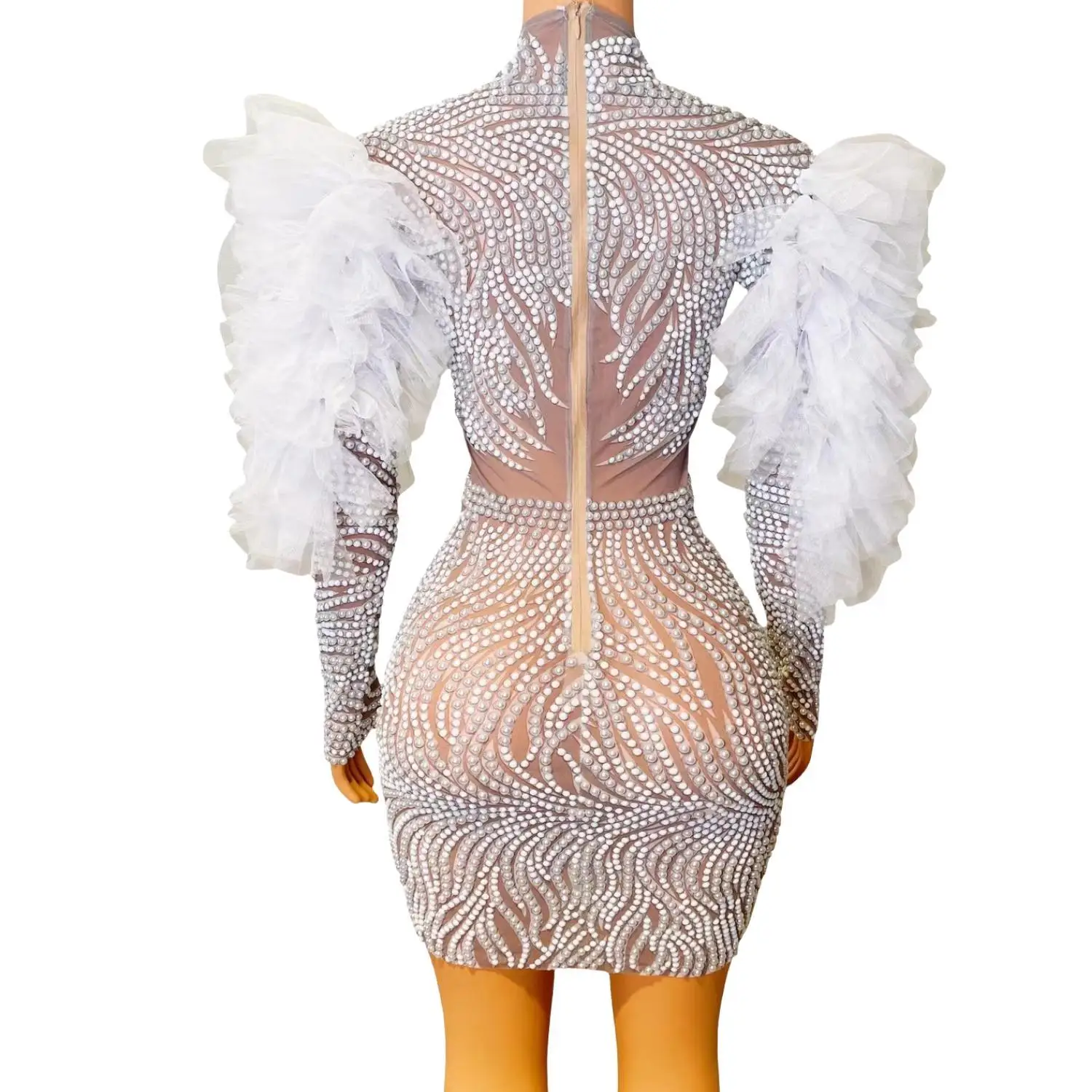 Maisui High Neck Long Sleeve Full Rhinestone Sheer Mesh Mini Dress White Layered Tulle Ruffle Shoulder Bodycon Evening Gown