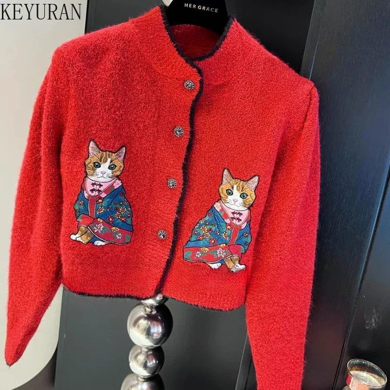 2025 Spirng Autumn Red Cat Embroidery Wool Knitted Cardigan Sweater Women's Clothing Vintage Long Sleeve Knitwear Crop Tops Y2K