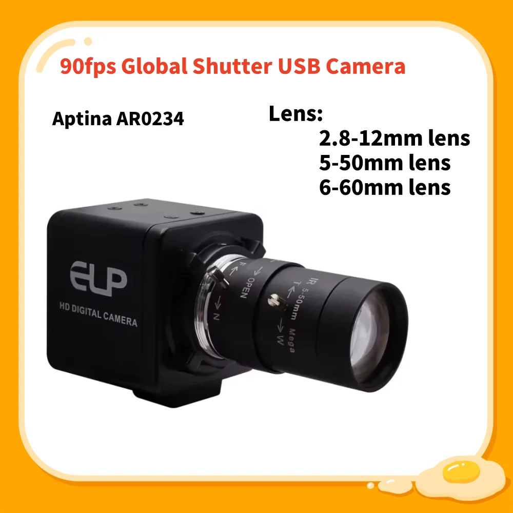 ELP Global Shutter 1200P 90fps High Speed USB Camera AR0234 Sensor Mini UVC Industrial Camera for Dashcam