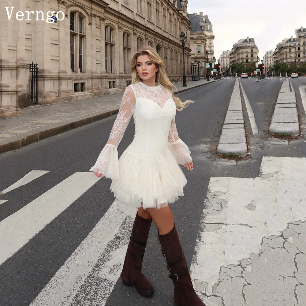 

Verngo Elegant Lace Mini Bridal Gowns O Neck Full Sleeves A Line Wedding Dress Modern Formal Bride Dresses Customized
