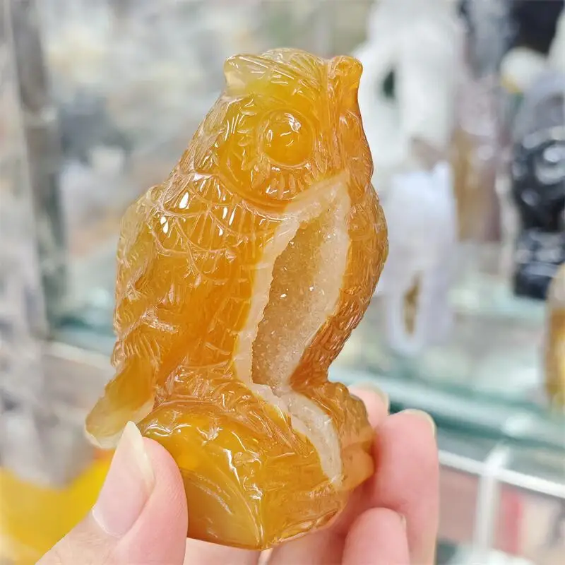 Natural Agate Geode Owl Carving Animal Reiki Healing Fengshui Stone Reiki Ornament Holiday Crafts Gift 1PCS