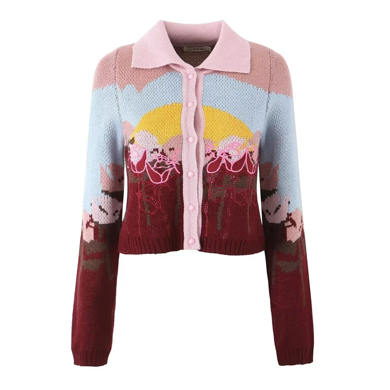 KEYANKETIAN Autumn New Women\'s Landscape Jacquard Embroidery Knitted Cardigan Turn Down Collar Single Breasted Short Sweater Top