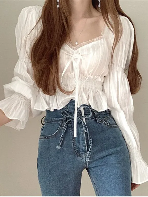 

ort Lace Patchwork Women's irt Korean Sle Gentle Age-Defng Bubble Sve Waist-Cinching Slimming Design Top Autumn