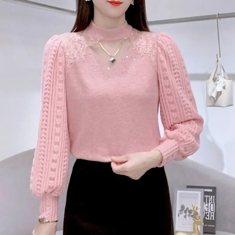 Women\'s Solid Color Half High Collar Diamonds Patchwork Thick Flattering Lace Bottom Autumn Winter New Fashion Long Sleeve Tops