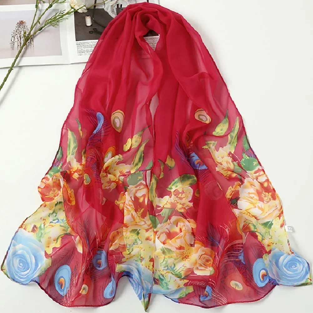 Holiday  Chiffon Peacock Feather Print Long Scarf Summer Shawl Sunscreen Elegant Hijab Scarf Chiffon