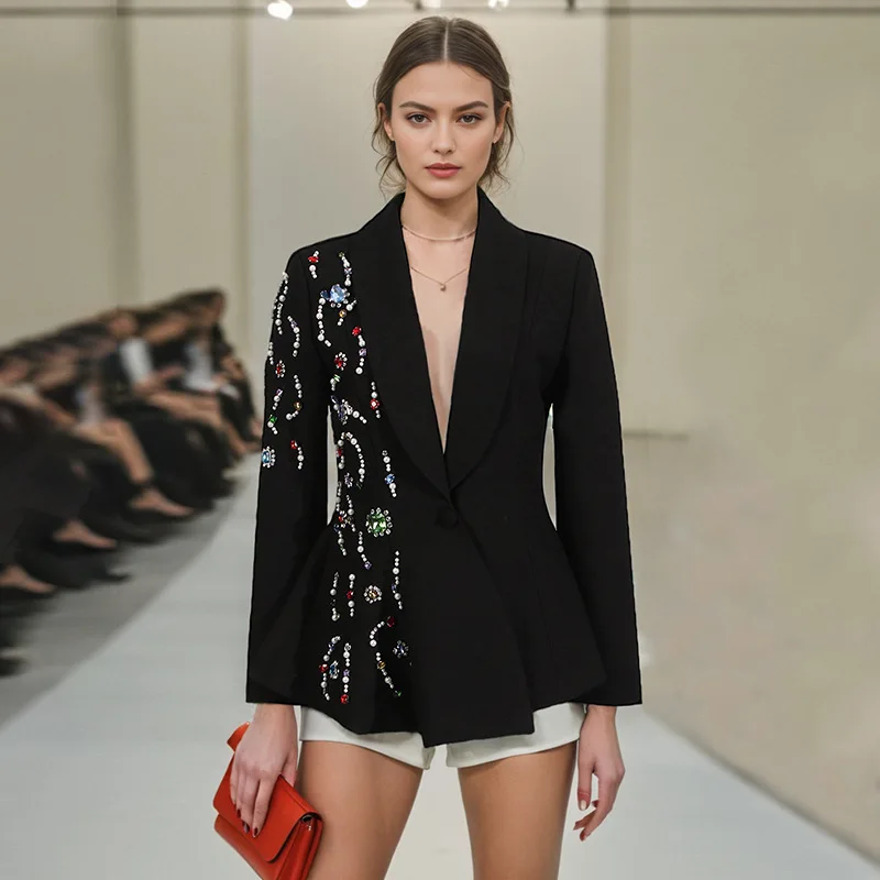 

Женский приталенный костюм со стразами, пальто, повседневное однотонное осеннее модное пальто с лацканами и длинными рукавами, удобная одежда