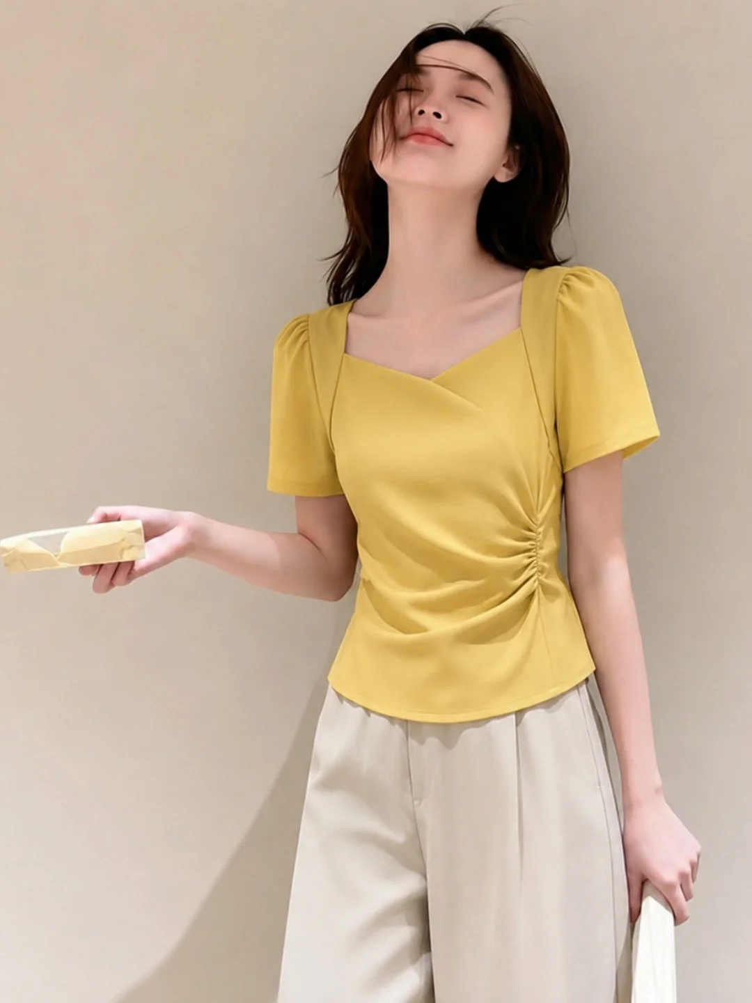 

Elegant Pleated Waist Design Short Sleeve T-Shirt Women's Fashion Slimming Top Stylish Summer Casual Korean Style Silk Blend
