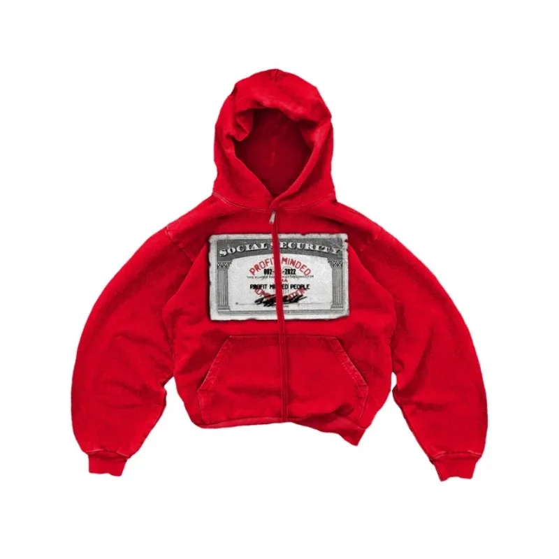 Dollar printed red new hooded sweatshirt autumn and winter American retro washed long-sleeved hooded trendy loose casual top - view 2