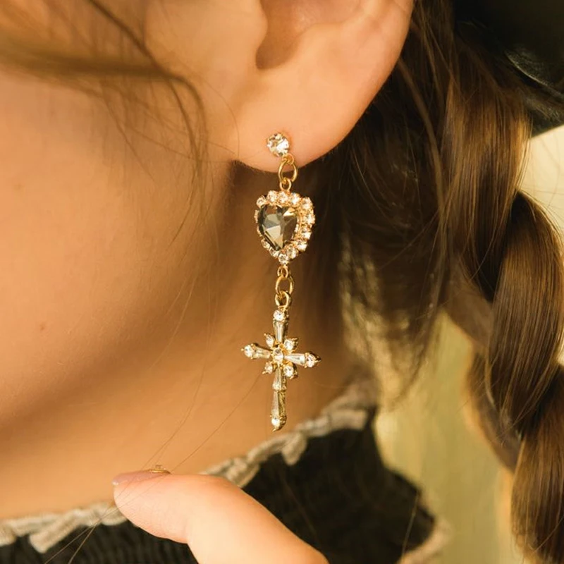 Y2K Cross Tassel Hang Lolita Earrings Korean Japanese Soft Girl Earring Elegant Cross Drop Clip for No Ear piercing Earrings
