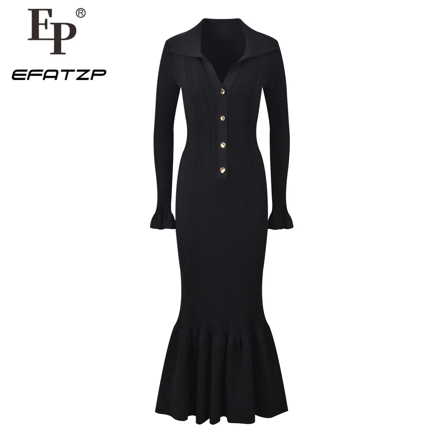 

Lady Fall Winter Turn-down Collar Flared Long Sleeve Stitching Slim Fitted Women Single-breasted Knits Long Solid Dress