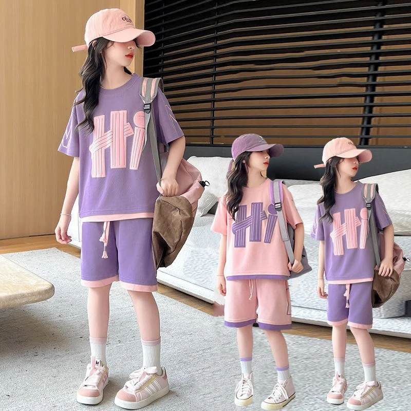 

Girls' Sports Set 2025 Summer New O-neck Short Sleeved Shorts Running Badminton Basketball Children's Sports Two Piece Set