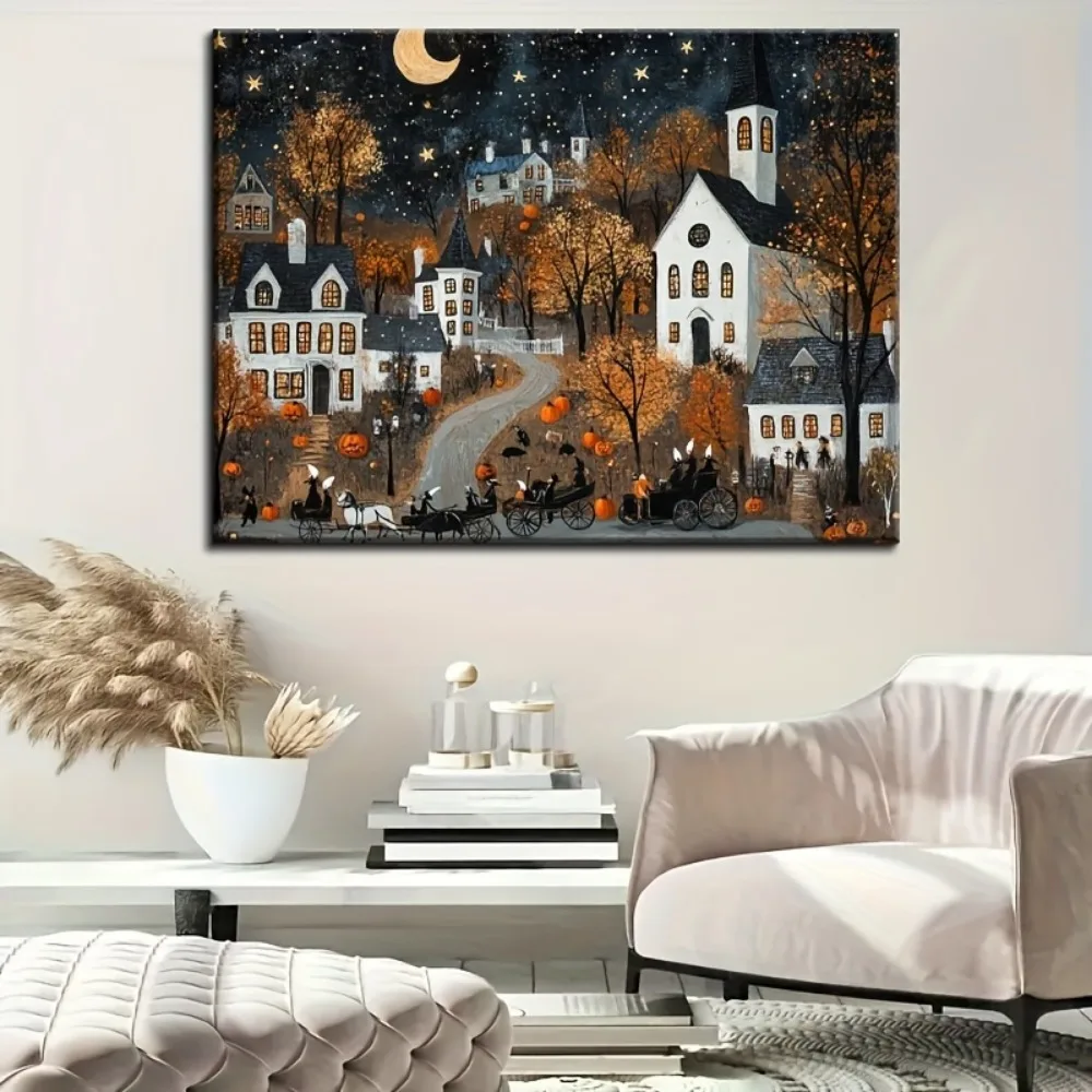 Moldura de madeira maciça de 1,5 polegadas, linda cidade, decoração de imagem de celebração de Halloween, adequada para festas, decoração interna