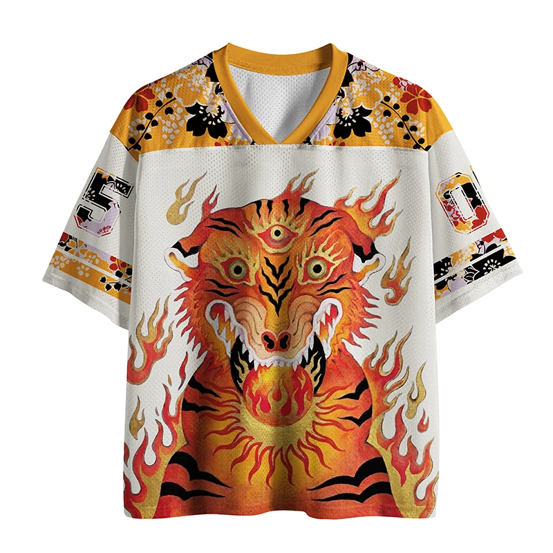 V-neck T-shirt, Japanese Ukiyo-e Three Eyed Flame Tiger, Cherry Blossom Print, Harajuku Streetwear, Unisex Retro, Adult,Children
