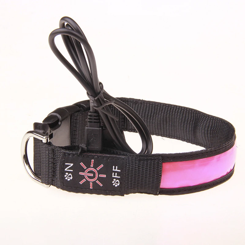 Pinkycolor USB Charging LED Dog Collar Luminous Light Night Safety Reflective Leather Glowing Collar For Dogs Pets Rechargeable