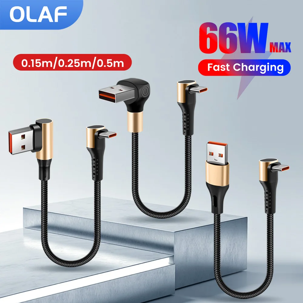 

66W Short USB Type C Cable Elbow USB To Type C Fast Charging Cable For iphone 15 16 Samsung Xiaomi Portable Rechargeable Battery