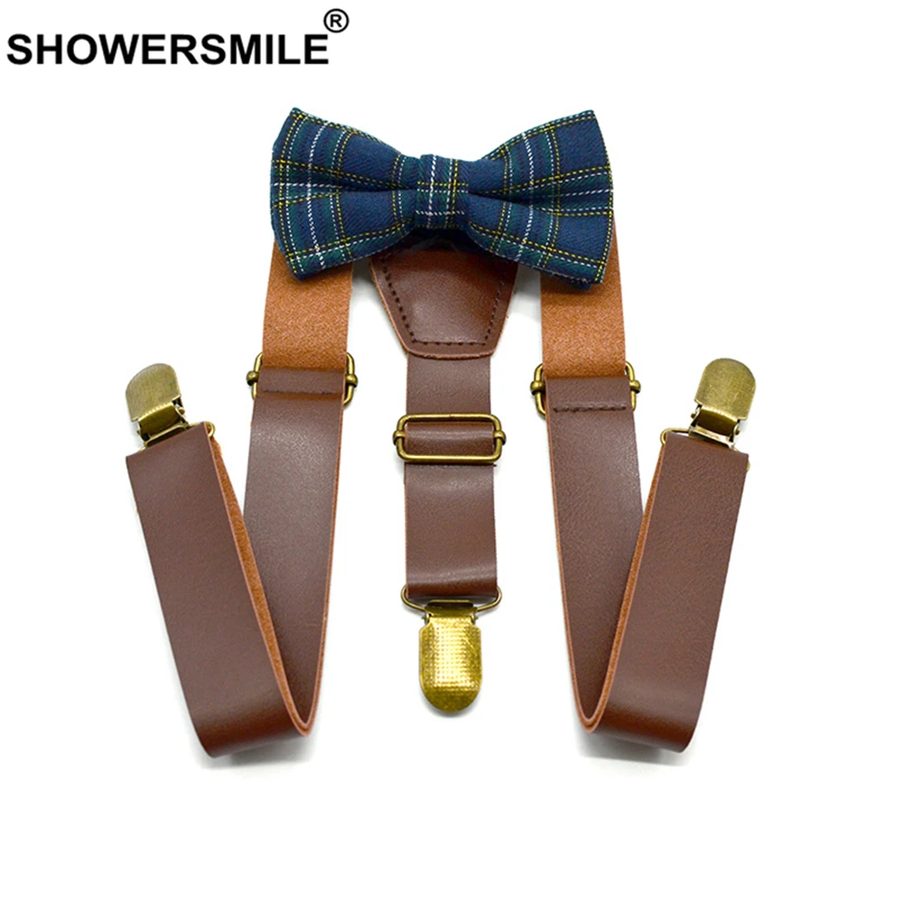 SHOWERSMILE Kids Suspenders With Bow Tie Leather British Style Boys Suspenders Vintage Wedding Brown Children Braces 75cm*2.5cm