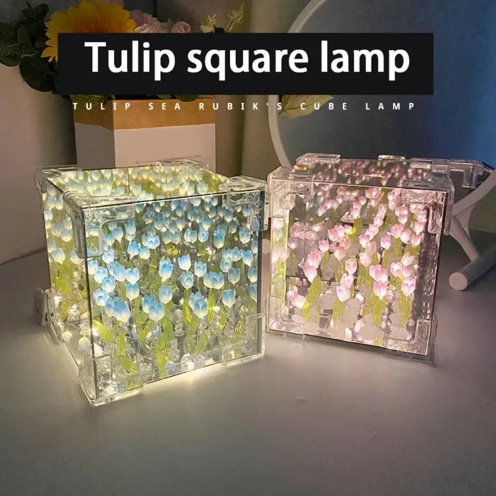 2025 DIY Tulip Sea Rubik\'s Cube Mirror Night Light Car Decoration Materials Handmade Birthday Gifts for Friends and Colleagues