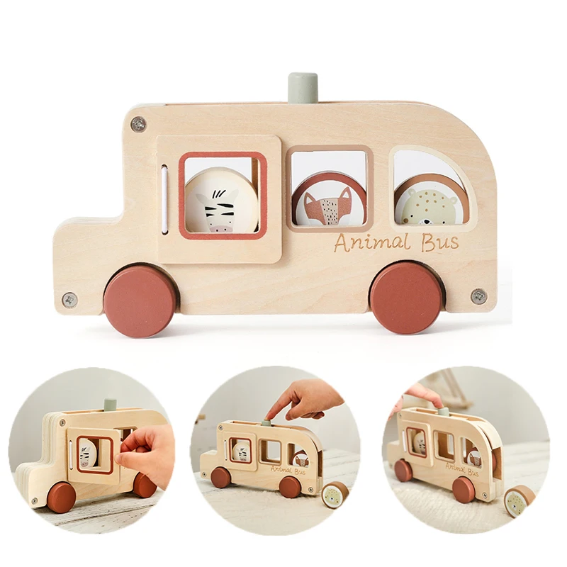 

Baby Montessori Toy Wooden Cartoon Animal Bus Baby Finger Fine Movement Toy Traffic Simulation Game Wooden Baby Hand-pushed Car