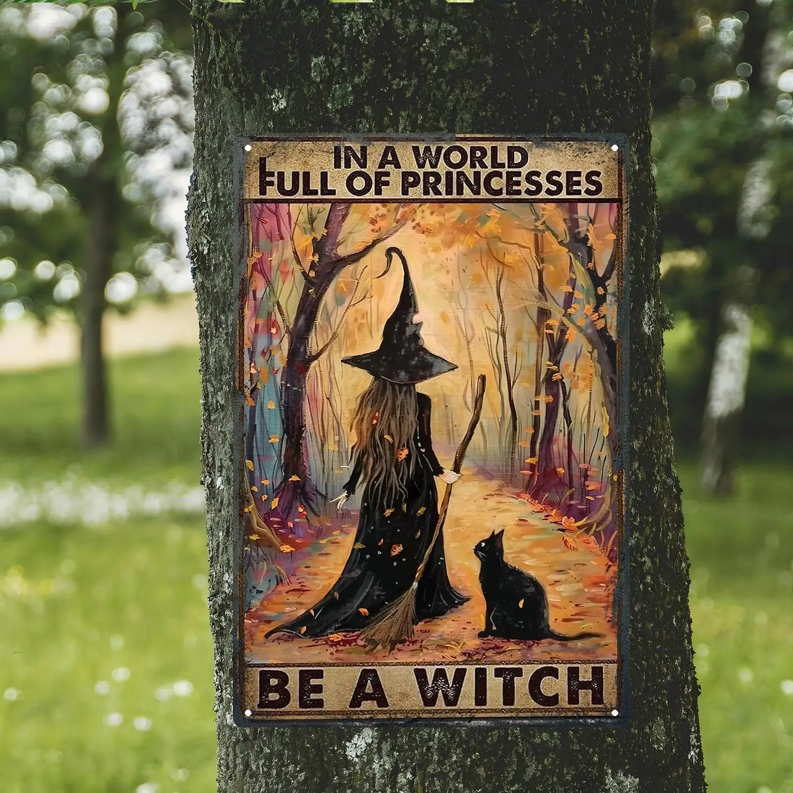 A Metal Wall Art Featuring a Witch and Cat in a Forest Scene - 