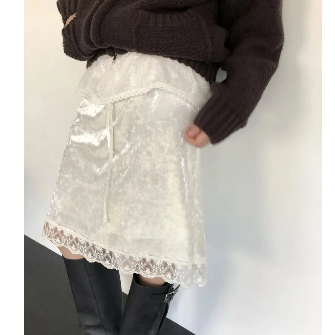 Korean Style Velvet Lace Half Skirt Elastic Waist Drawstring Skirt Casual Embroidered mid Waist H Type Standard Fit Midi Skirt