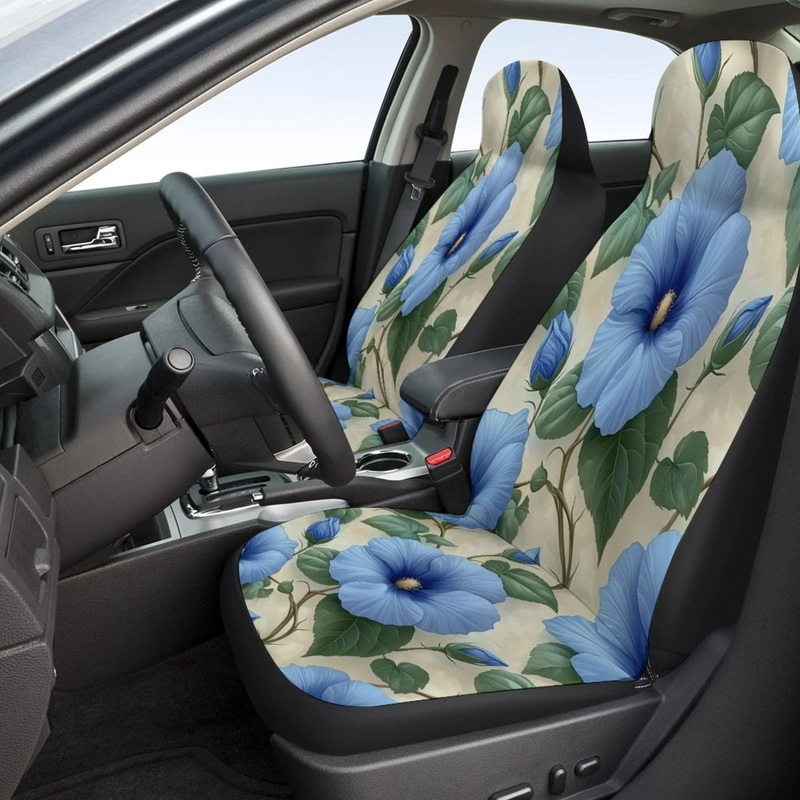Set Of Car Seat Covers Featuring Blue Hibiscus Flowers, Suitable For Various Vehicles. Stylish And Durable, This Complete Set In