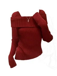 Japanese Fashion Full Sleeves Jumpers Asymmetrical Sexy Pullovers Casual Streetwear Square Collar Sweaters Coquette Christmas