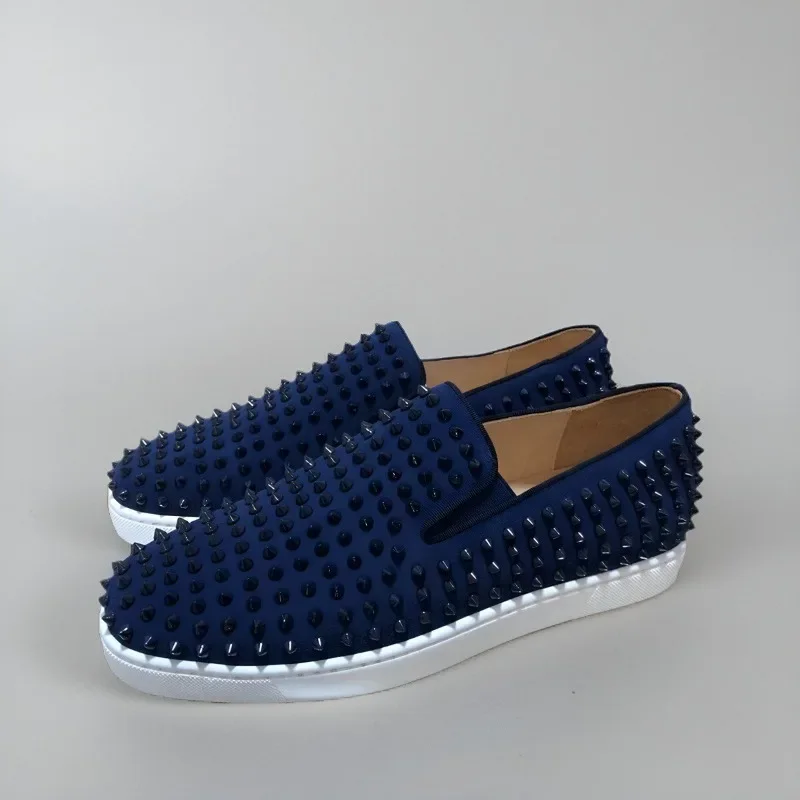 

Luxury Low Top Red Bottom Shoes For Men Trainers Driving Spiked Dark Blue Suede Genuine Leather Slip On ALL Rivets Flats Sneaker