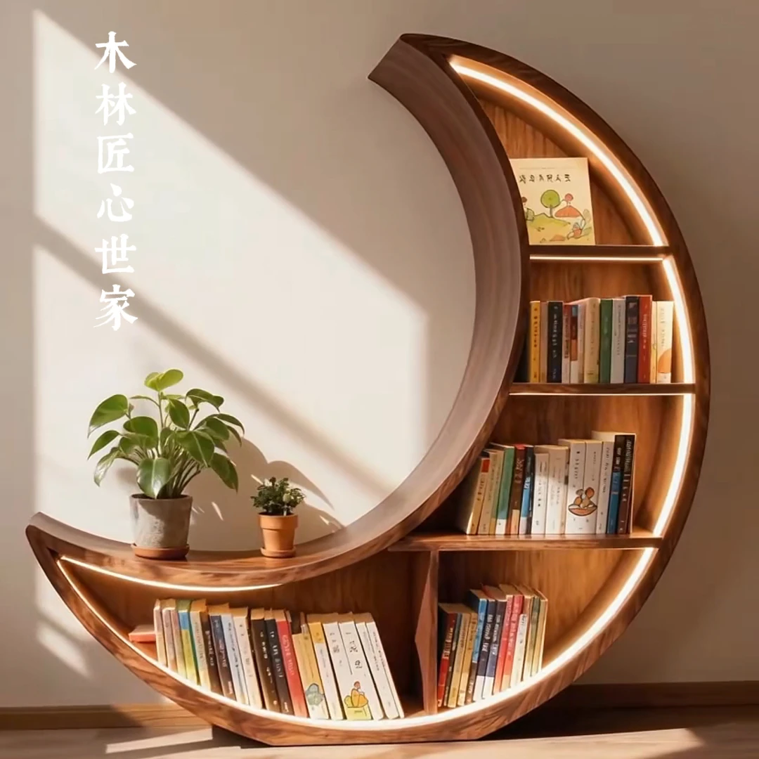 رف كتب جديد على الطراز الصيني في أمريكا الشمالية من خشب الجوز الأسود على شكل قمر، رف كتب بسيط جمالي على طراز الأغنية، متكامل #4